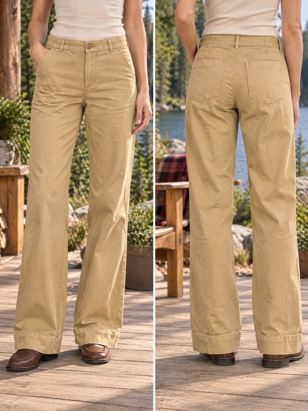 Roots Wide-Leg High-Rise Trousers in Khaki